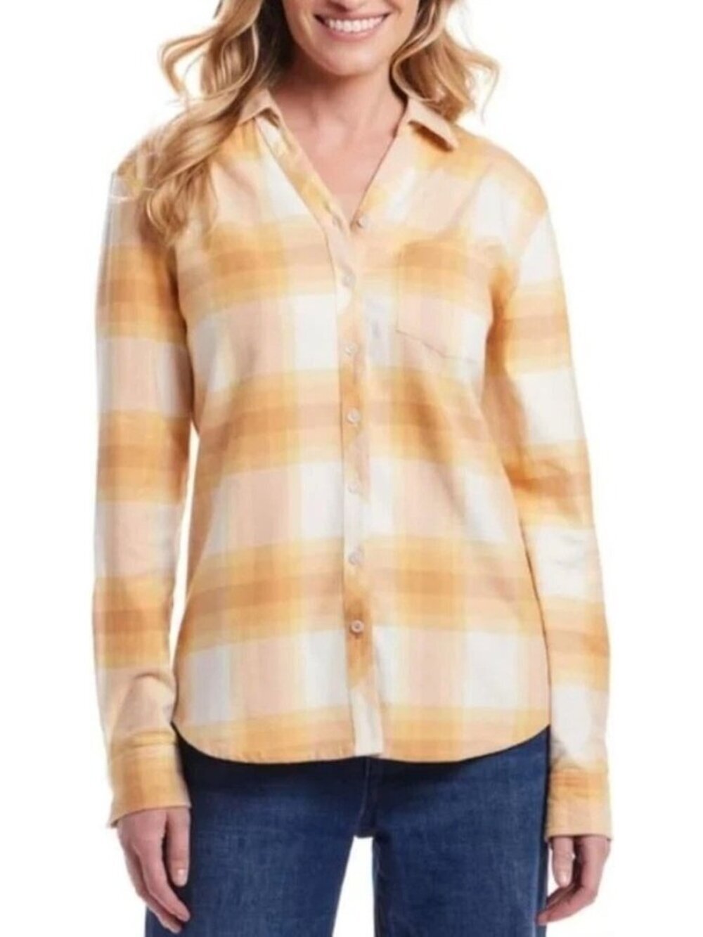 NWT Weatherproof Vintage Women's S Yellow Plaid Button Front Long Sleeve C1032